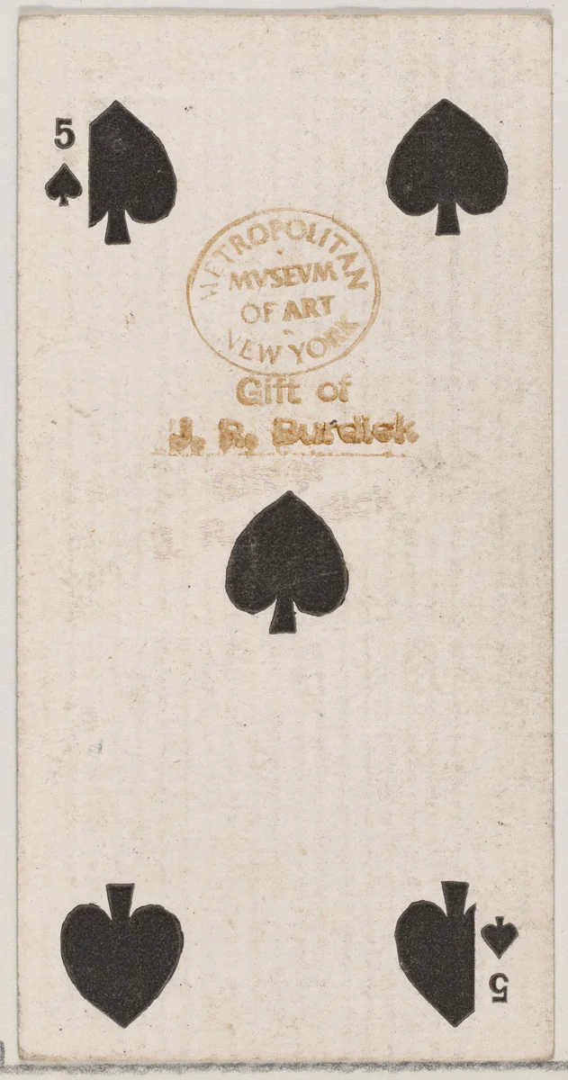 Five Spades (black), from the Playing Cards series (N84) for Duke brand cigarettes by W. Duke, Sons & Co., print, 1888