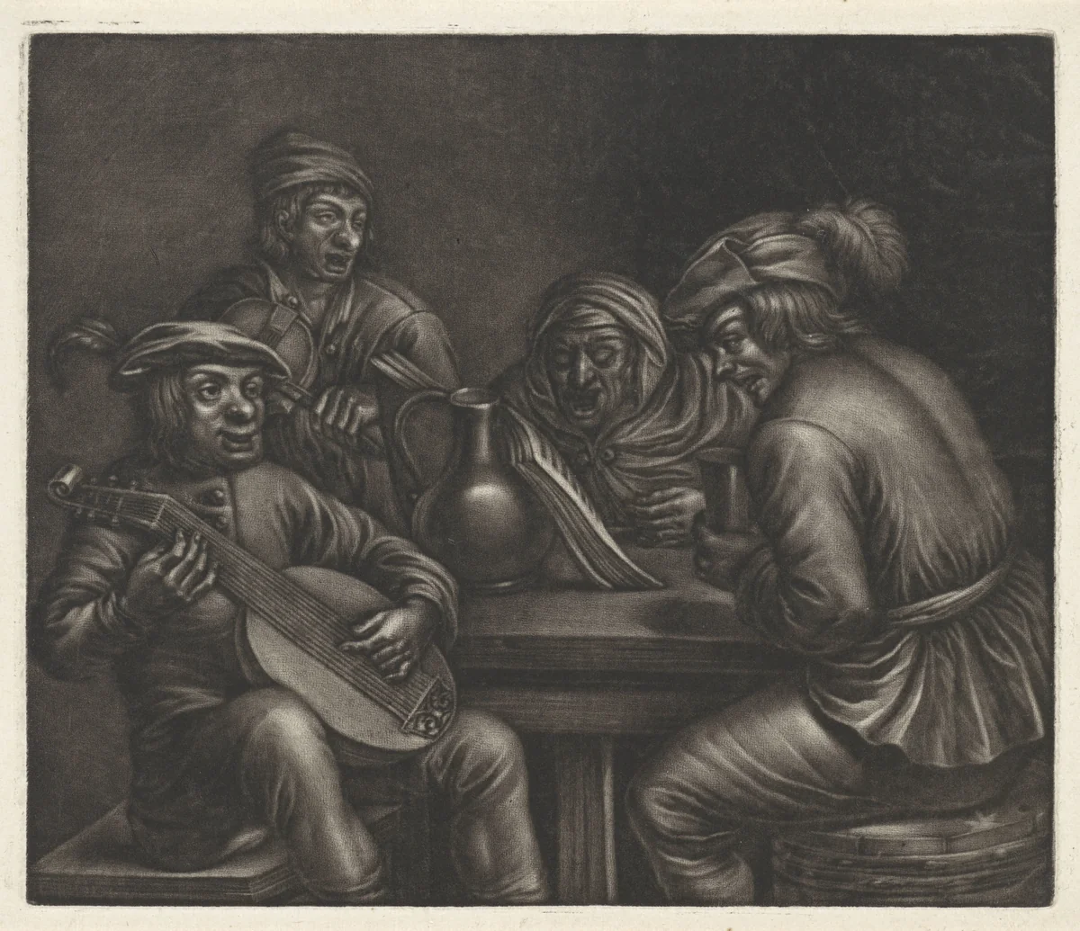 Musicerende mannen aan een tafel by Jan van Somer, print, 1655-1700