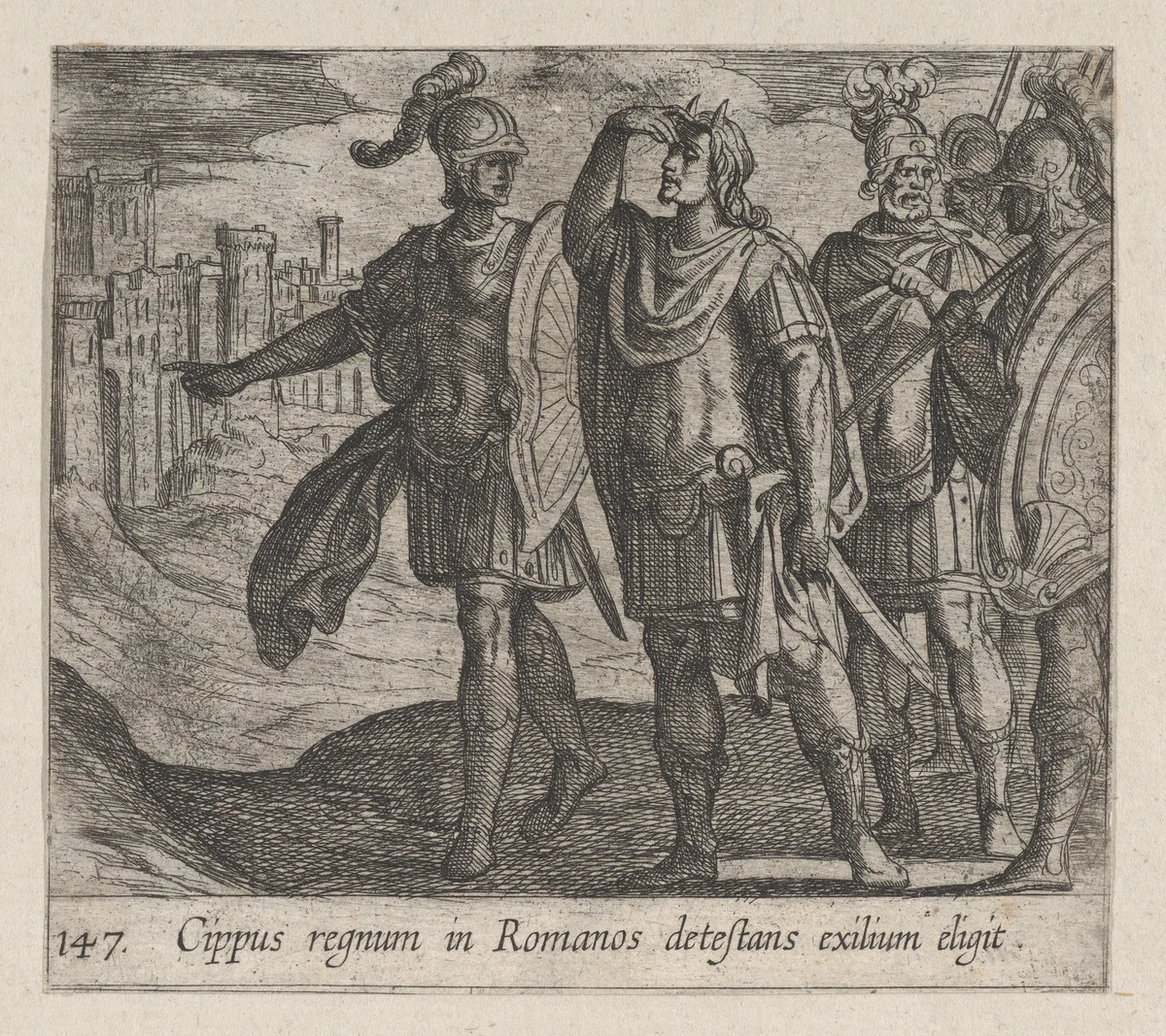 Plate 147: Cipus with his Horns (Cippus regnum in Romanos detestans exilium eligit), from Ovid's 'Metamorphoses' by Antonio Tempesta, print, 1606