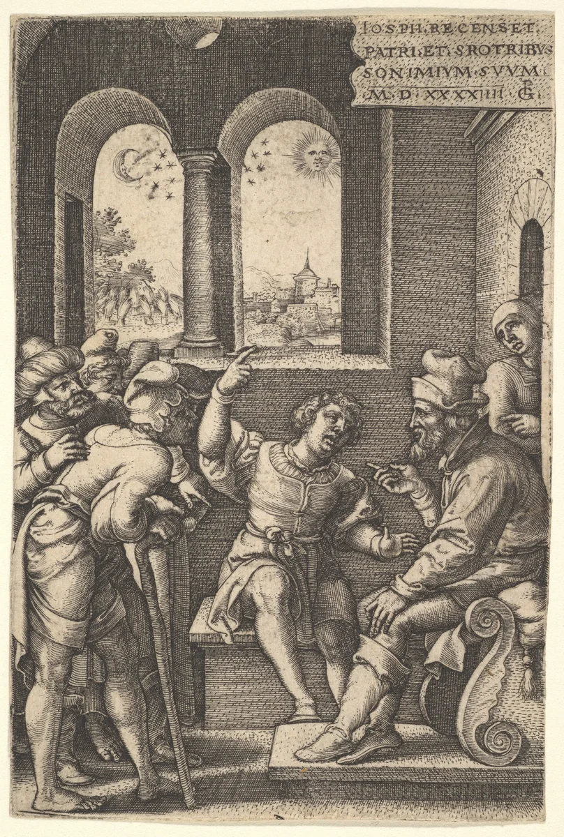 Joseph explains his dream to his brothers and father in an interior setting; the sun, moon, and stars above a landscape in the portal beyond, from "The Story of Joseph" by Georg Pencz, print, 1544
