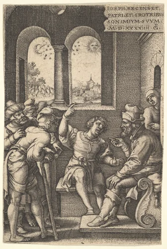 Joseph explains his dream to his brothers and father in an interior setting; the sun, moon, and stars above a landscape in the portal beyond, from "The Story of Joseph" by Georg Pencz, print, 1544