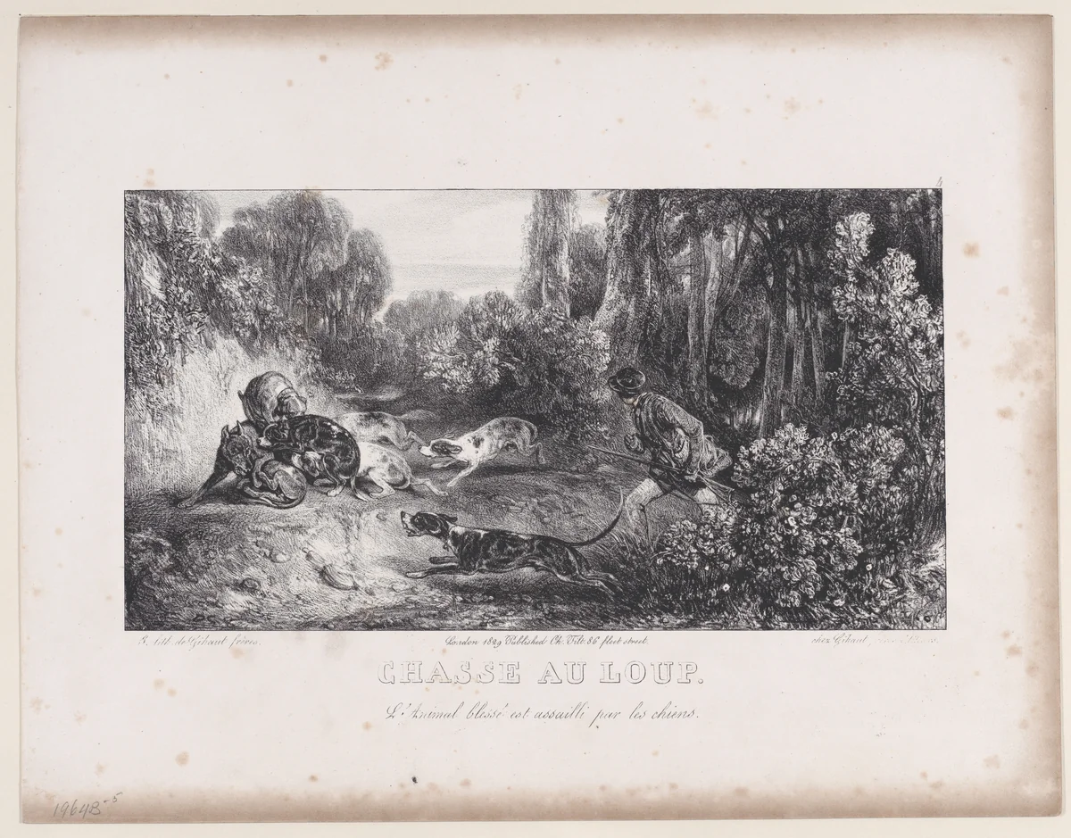 Wolf Hunt: Animal Wounded and Attacked by Dogs, from "Hunting Scenes" by Alexandre-Gabriel Decamps, print, 1829