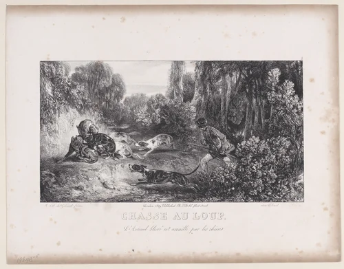 Wolf Hunt: Animal Wounded and Attacked by Dogs, from "Hunting Scenes" by Alexandre-Gabriel Decamps, print, 1829