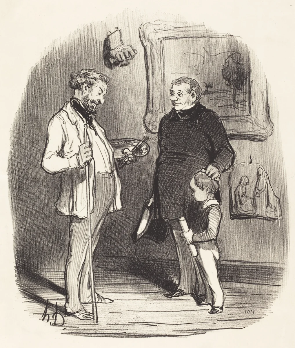 V'la mon petit... s'il n'a pas assez de moyens... by Honoré Daumier, print, 1850
