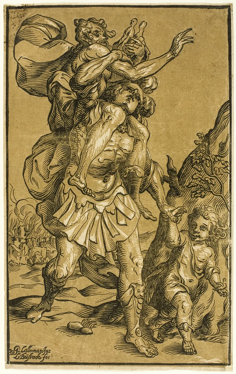 Aeneas Carrying His Father, Anchises by Ludolph Büsinck, print, 1643
