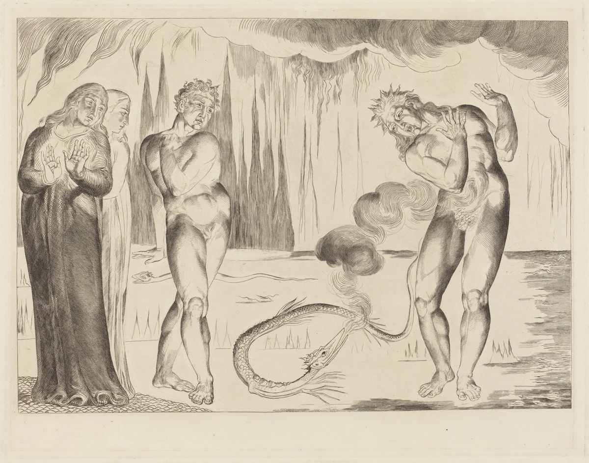 The Circle of the Thieves; Buoso Donati Attacked by the Serpent by William Blake, print, 1827