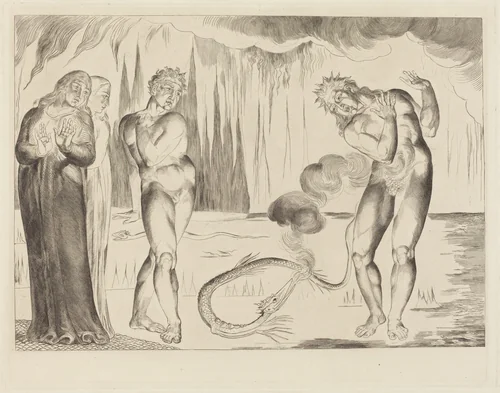 The Circle of the Thieves; Buoso Donati Attacked by the Serpent by William Blake, print, 1827
