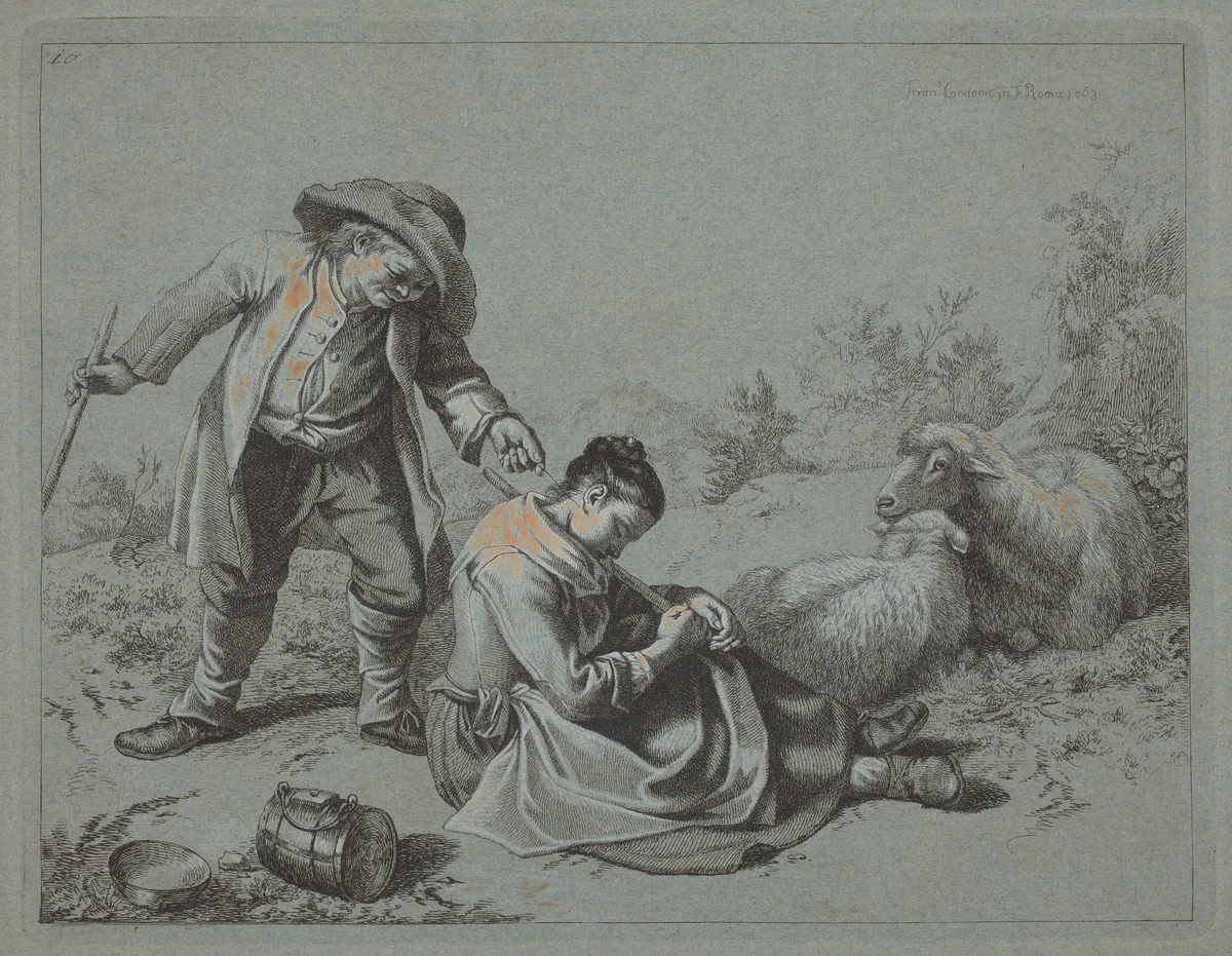 Peasant Teasing a Sleeping Girl with a Twig by Francesco Londonio, print, 1763
