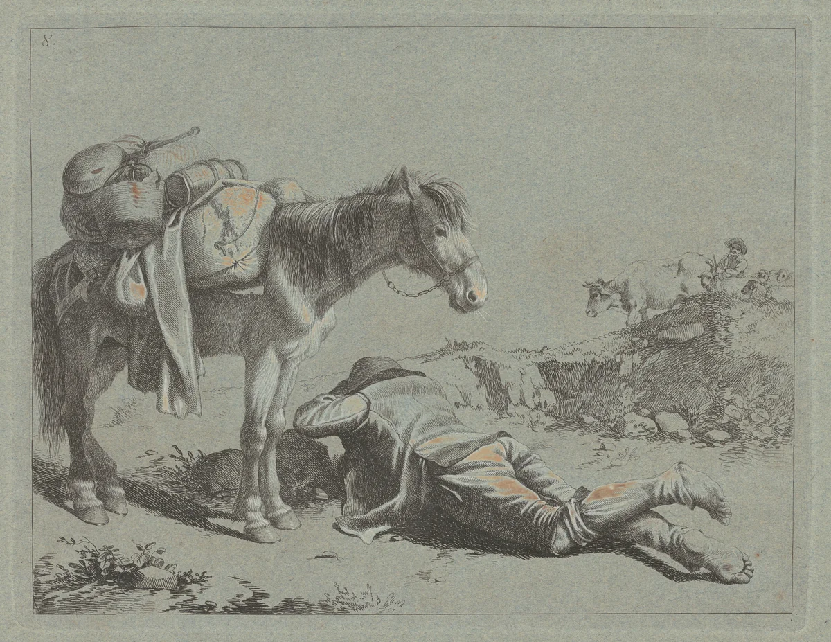 Shepherd in Repose near a Pack Horse by Francesco Londonio, print, 1757-1767