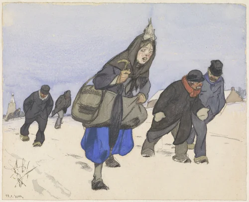 Oorlogsvluchtelingen in de sneeuw by Alfred Ost, drawing, 1914