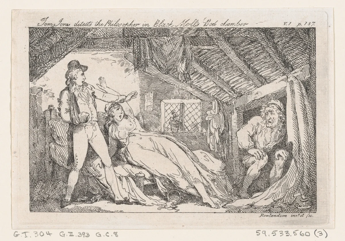 Tom Jones detects the Philsopher in Black Molls Bed Chamber, "The History of Tom Jones, a Foundling" by Thomas Rowlandson, print, 1792