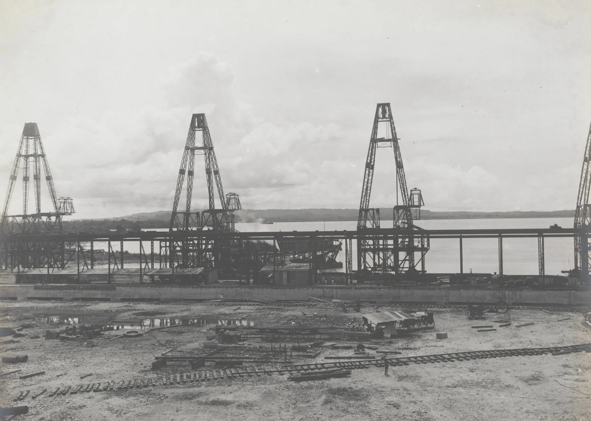 Cristobal Coaling Station: Looking west on Reloader towers from Unloader wharf by Unidentified Photographer, photograph, 1915