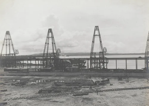 Cristobal Coaling Station: Looking west on Reloader towers from Unloader wharf by Unidentified Photographer, photograph, 1915