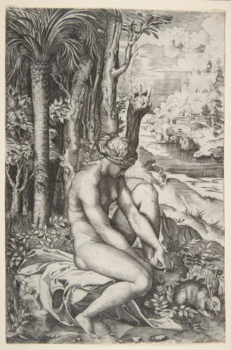 Venus removing a thorn from her left foot while seated on a cloth next to trees, a hare lower right by Marco Dente, print, 1510-1532