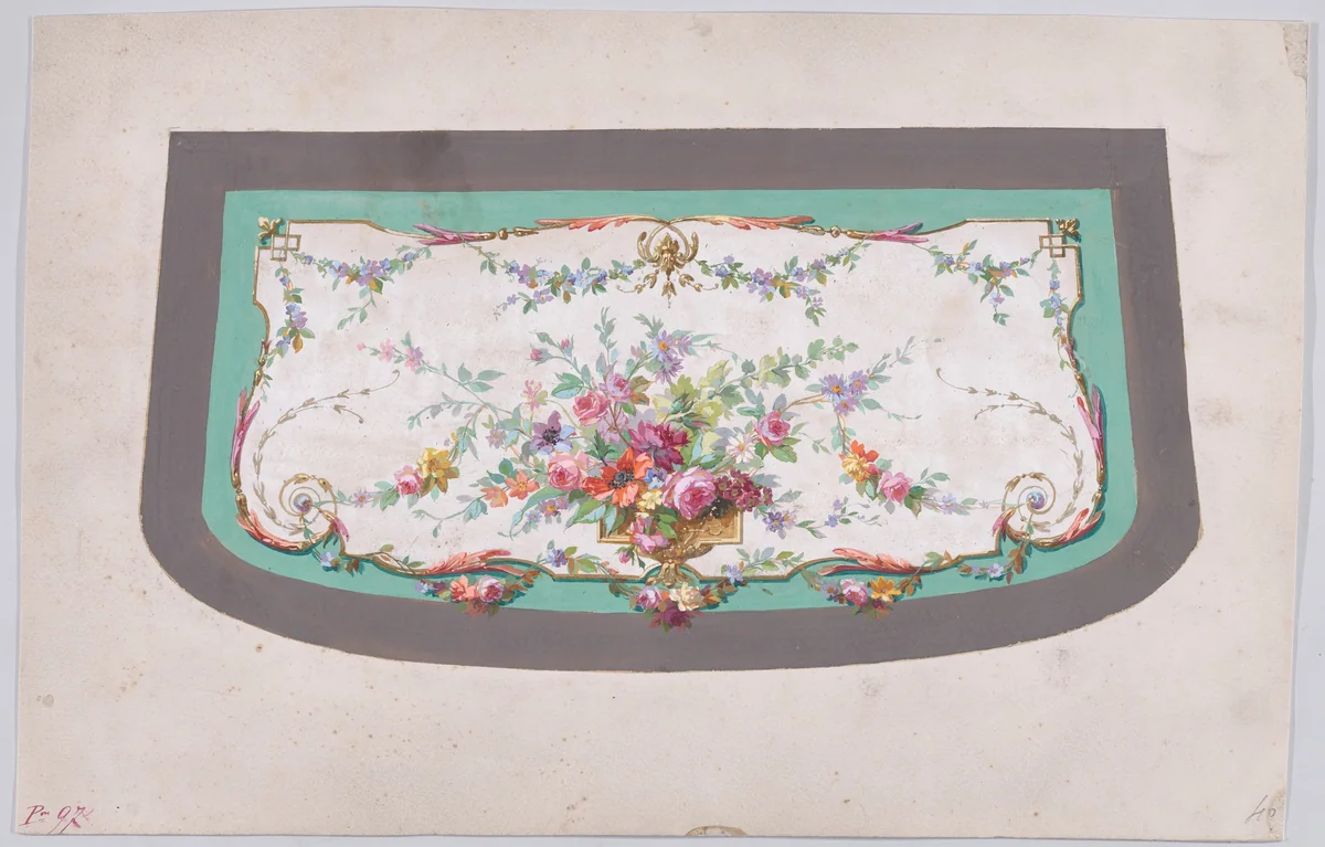 Design for a Sofa Seat Cover (?) with an Ornamental Frame Containing a Vase with a Large Bundle of Flowers and Leaves and Decorated with Acanthus Leaves and Two Fleurs de Lys by anonymous, drawing, 1870-1900