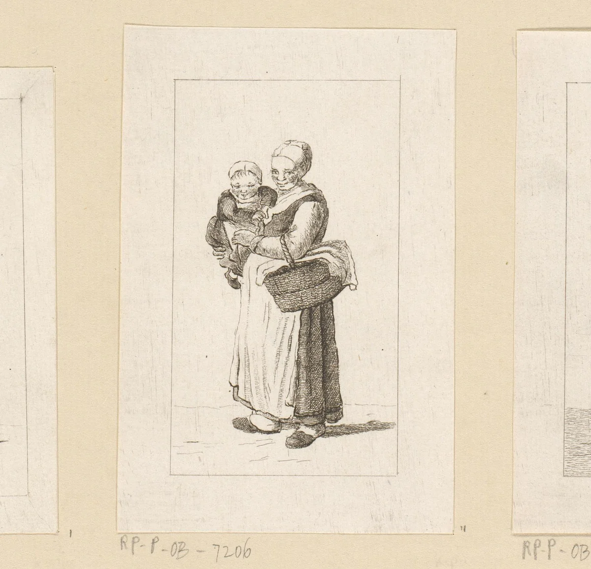 Staande vrouw met kind op de arm by Pieter de Mare, print, 1779