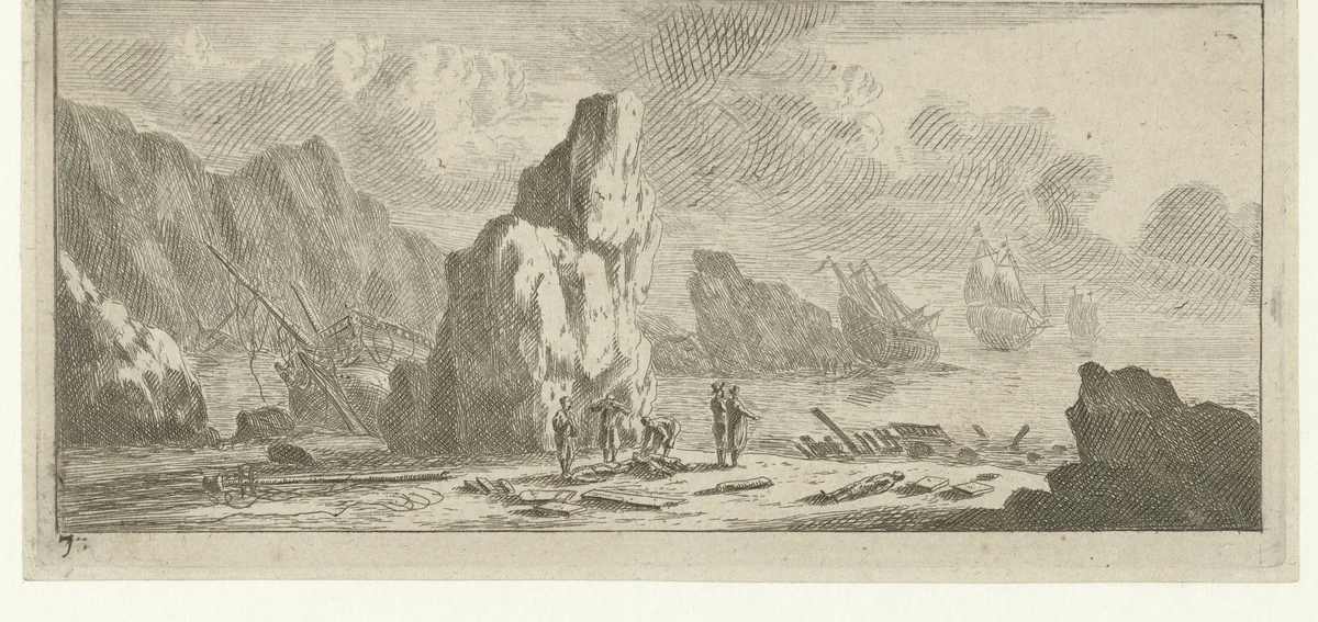 Zeegezicht met schipbreuk lijdende schepen by Reinier Nooms, print, 1651-1652