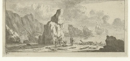 Zeegezicht met schipbreuk lijdende schepen by Reinier Nooms, print, 1651-1652