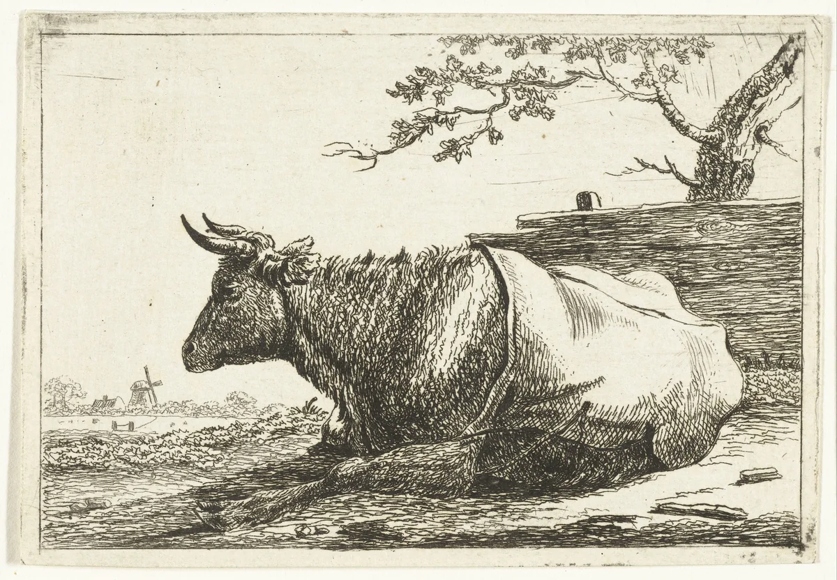Landschap met liggende koe met dek op de rug by Cornelis Bisschop, print, 1777-1829