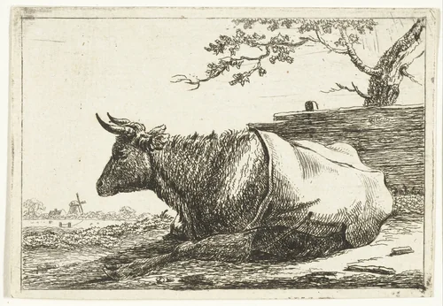 Landschap met liggende koe met dek op de rug by Cornelis Bisschop, print, 1777-1829