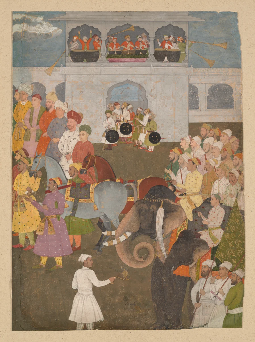 Attendants at an Imperial Durbar by Hunhar, manuscript, 1620-1670