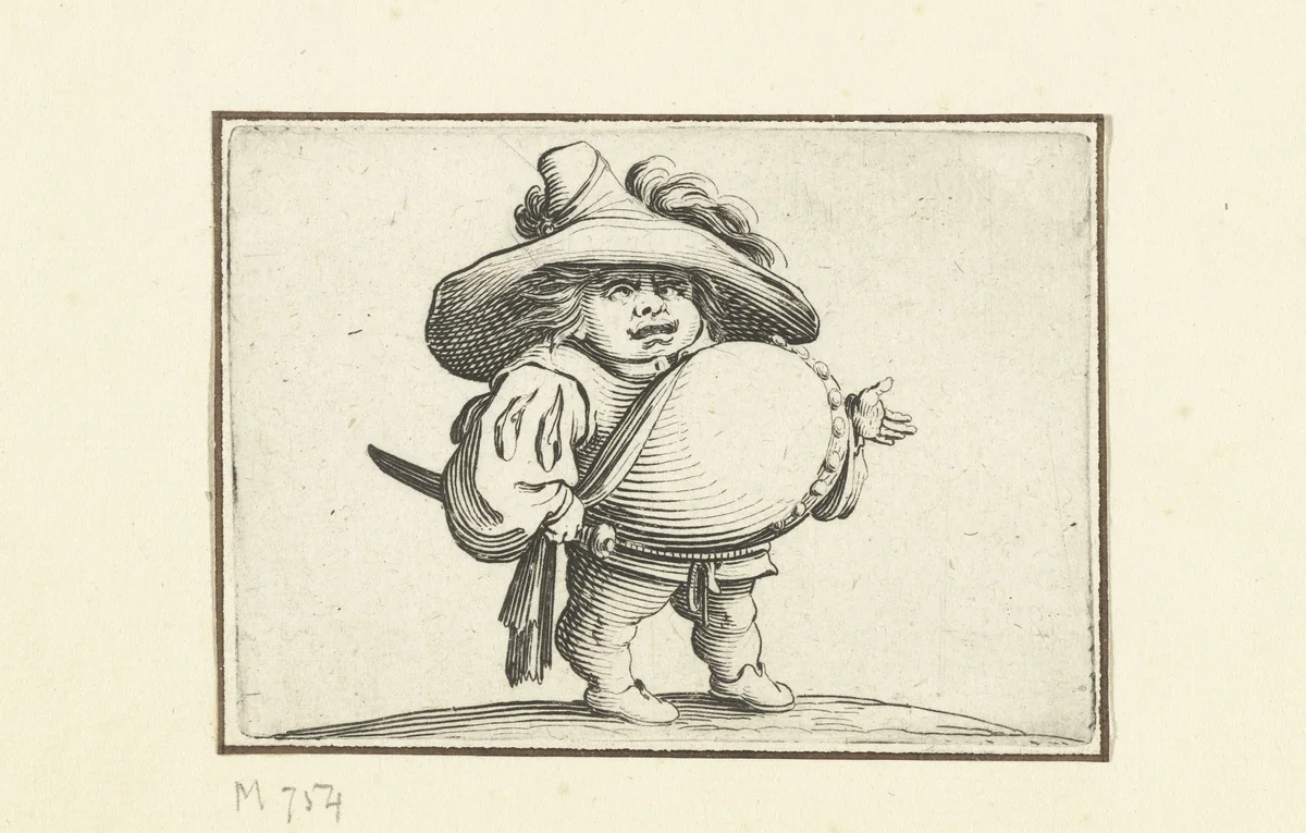 Kleine mens (karikatuur) met zwaard, een knopenrij op de buik by Jacques Callot, print, 1621-1625