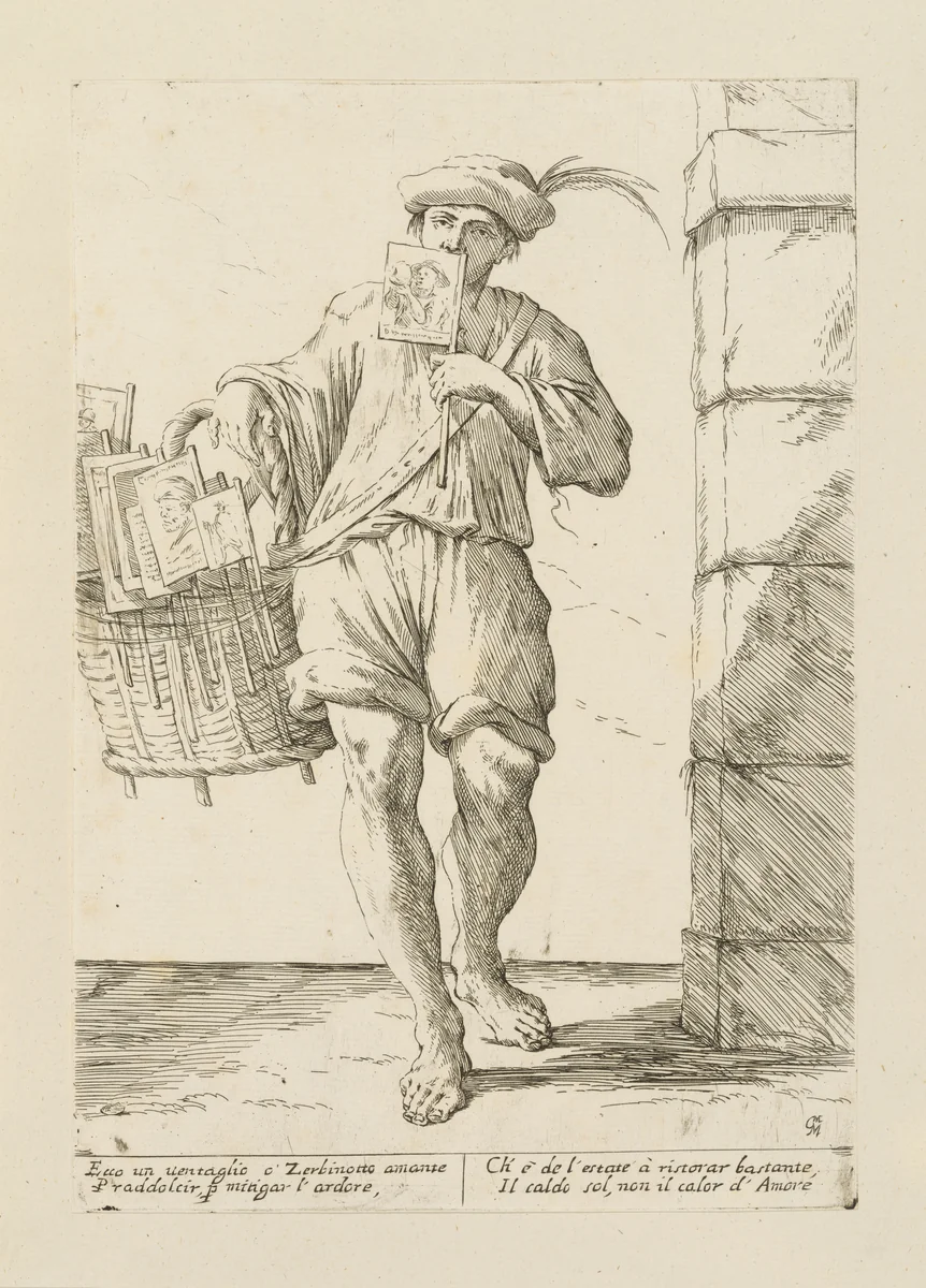 Vendor of Fans, from Di Bologna l'Arti per via D'An.ibal' Ca.rac, plate 2 by Giuseppe Maria Mitelli, print, 1660