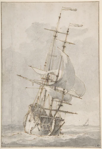 A Ship at Sea by Ludolf Backhuysen, drawing, 1645-1708