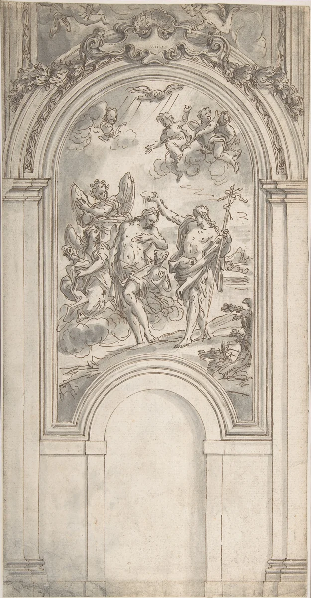 Design for a Baptism of Christ in an Architectural Setting by Sir James Thornhill, drawing, 1700-1734