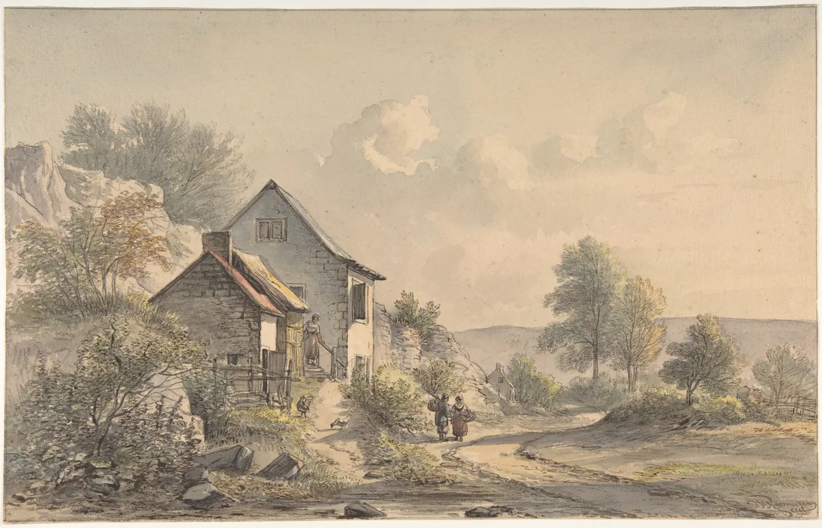 Village Scene with Figures by Jan van Ravenswaay, drawing, 1800-1869