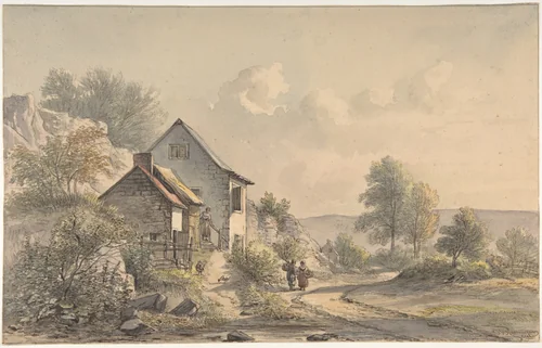 Village Scene with Figures by Jan van Ravenswaay, drawing, 1800-1869