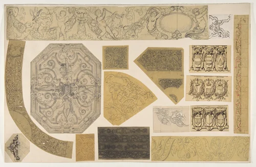 Sixteen designs for the painted decoration of interiors by Jules-Edmond-Charles Lachaise, drawing, 1830-1897
