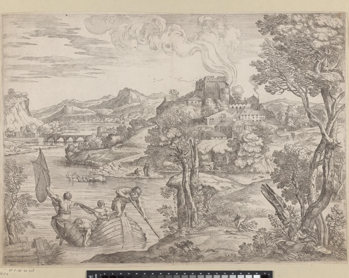 Landschap met luitspeler by Giovanni Francesco Grimaldi, print, 1616-1680