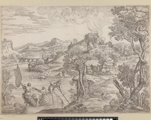 Landschap met luitspeler by Giovanni Francesco Grimaldi, print, 1616-1680