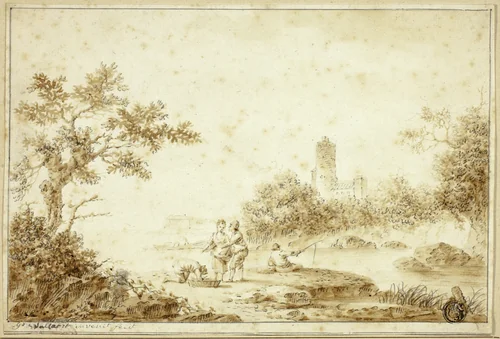 Landscape with Figures by Stream by Pierre Joseph Wallaert, drawing, 1773-1812