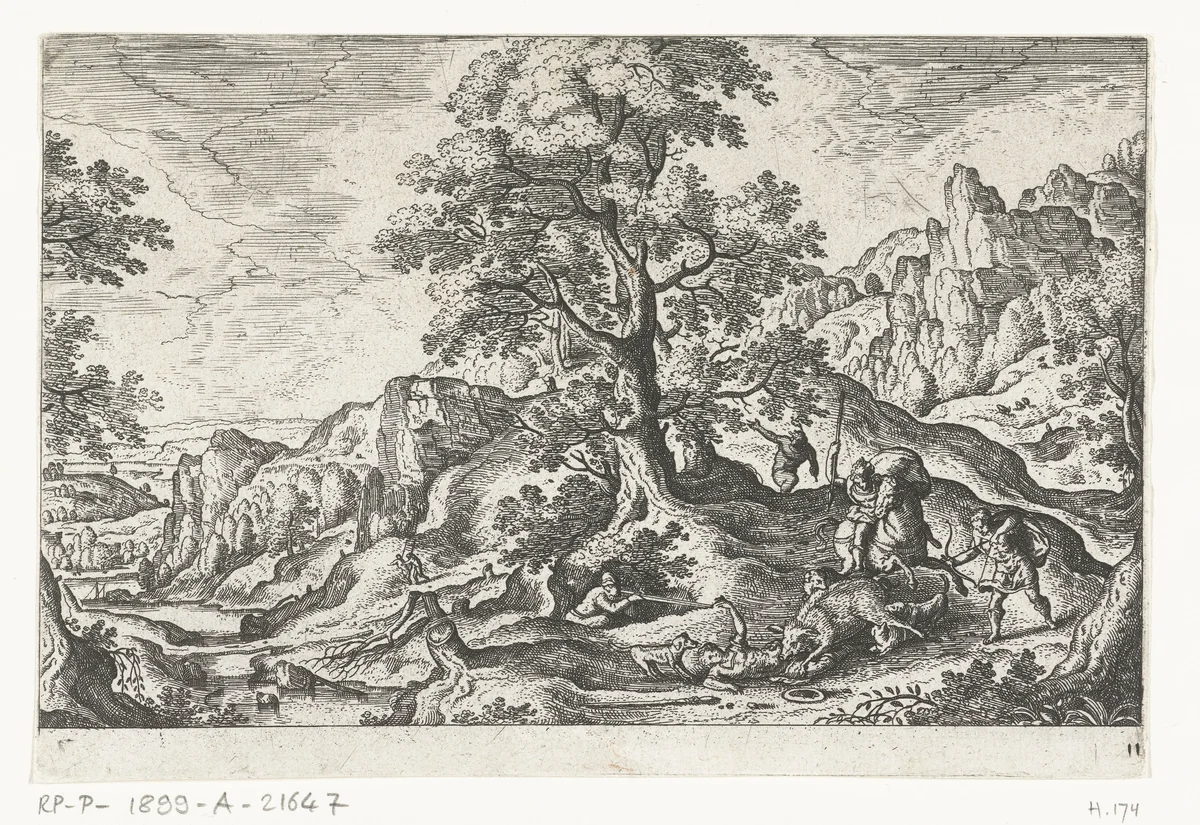 Meleager doodt het wilde zwijn by anonymous, print, 1550-1650