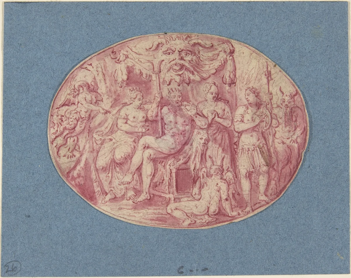 Ornamental design with Orpheus and Eurydice by anonymous, drawing, 1600-1700