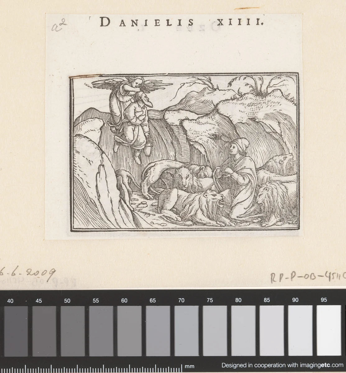 Daniël krijgt eten van Habakuk in de leeuwenkuil by Hans Holbein, print, 1538