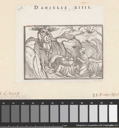 Daniël krijgt eten van Habakuk in de leeuwenkuil by Hans Holbein, print, 1538