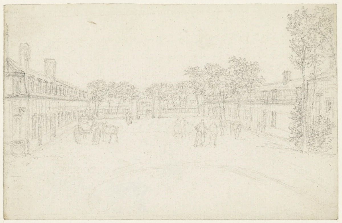 Een cour tussen twee corps de logis by Georges Michel, drawing, 1773-1843
