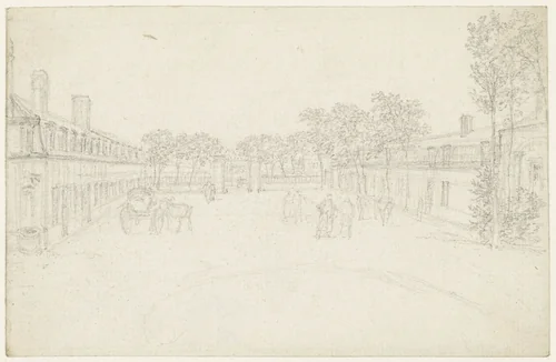 Een cour tussen twee corps de logis by Georges Michel, drawing, 1773-1843
