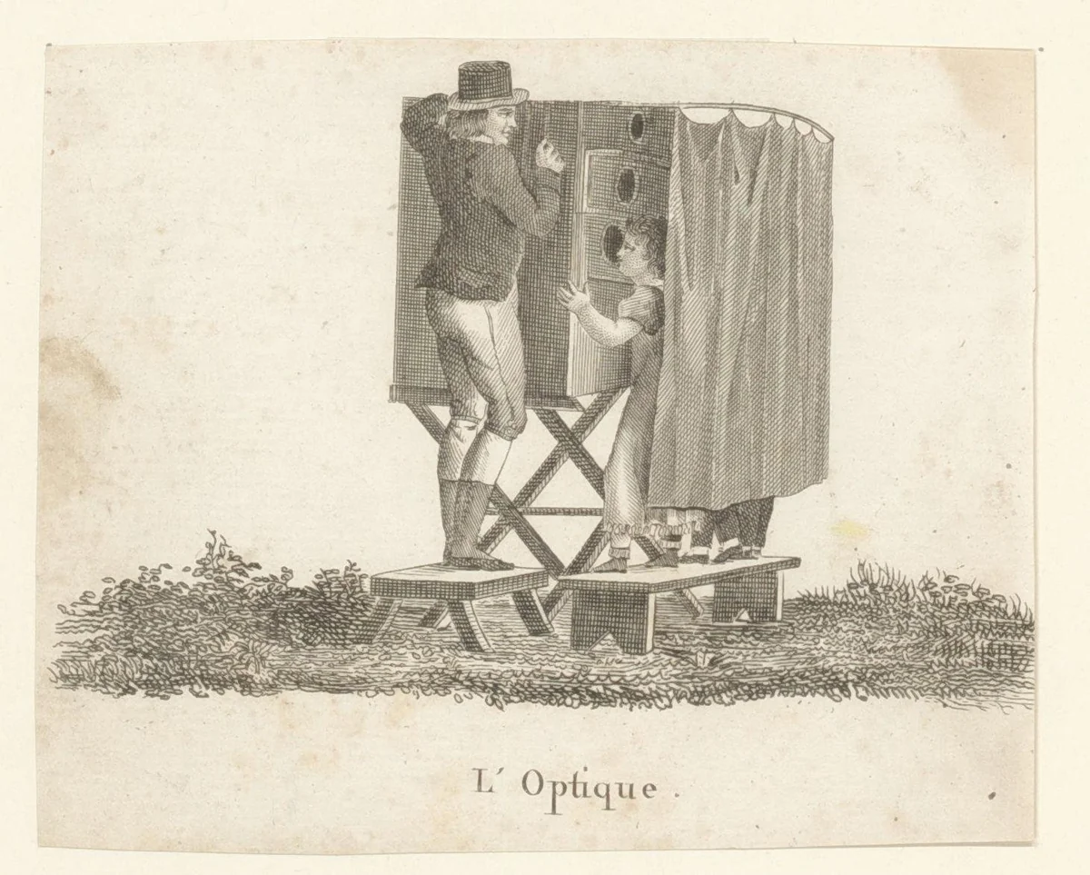 Twee kinderen kijken in een kijkdoos by anonymous, print, 1800-1899