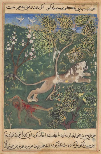 The lion, suspecting treachery on the part of the monkey, slays him and flees, from a Tuti-nama (Tales of a Parrot): Twenty-ninth Night by Unknown, painting, 1555-1565