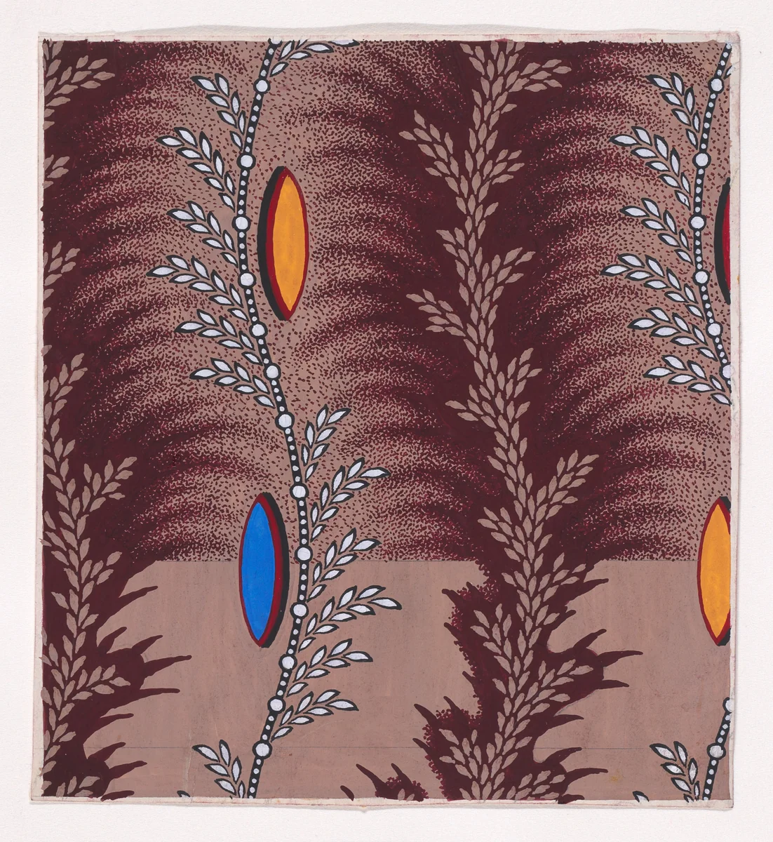 Textile Design with Alternating Vertical Rows of Undulating Stylized Wheat Ears and Undulating Strips of Pearls with Alternating Offsetting Wheat Ears and Lens Shapes by anonymous, drawing, 1840