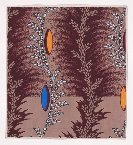 Textile Design with Alternating Vertical Rows of Undulating Stylized Wheat Ears and Undulating Strips of Pearls with Alternating Offsetting Wheat Ears and Lens Shapes by anonymous, drawing, 1840