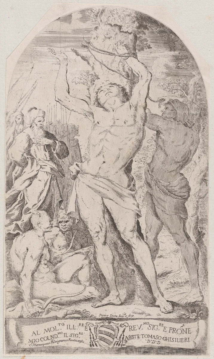 Saint Sebastian being tied to a tree by Girolamo Pedrignani, print, 1625-1650