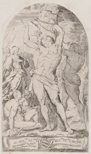 Saint Sebastian being tied to a tree by Girolamo Pedrignani, print, 1625-1650