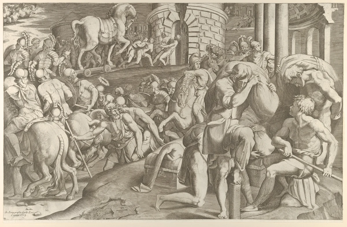 The Trojans hauling the wooden horse into Troy by Giulio Bonasone, print, 1545