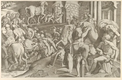 The Trojans hauling the wooden horse into Troy by Giulio Bonasone, print, 1545