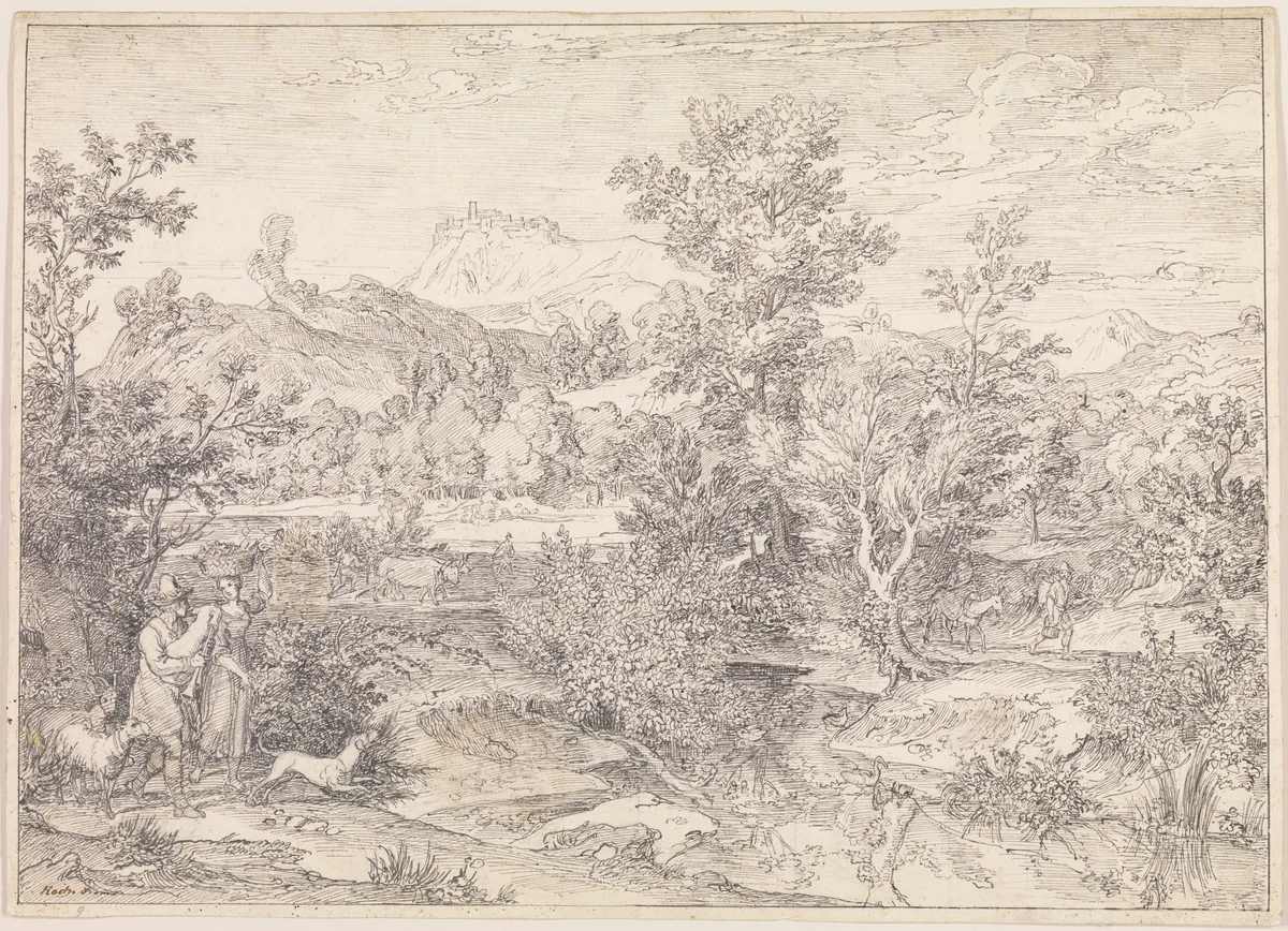 Roman landscape with figures near Paliano by Joseph Anton Koch, drawing, 1780-1839